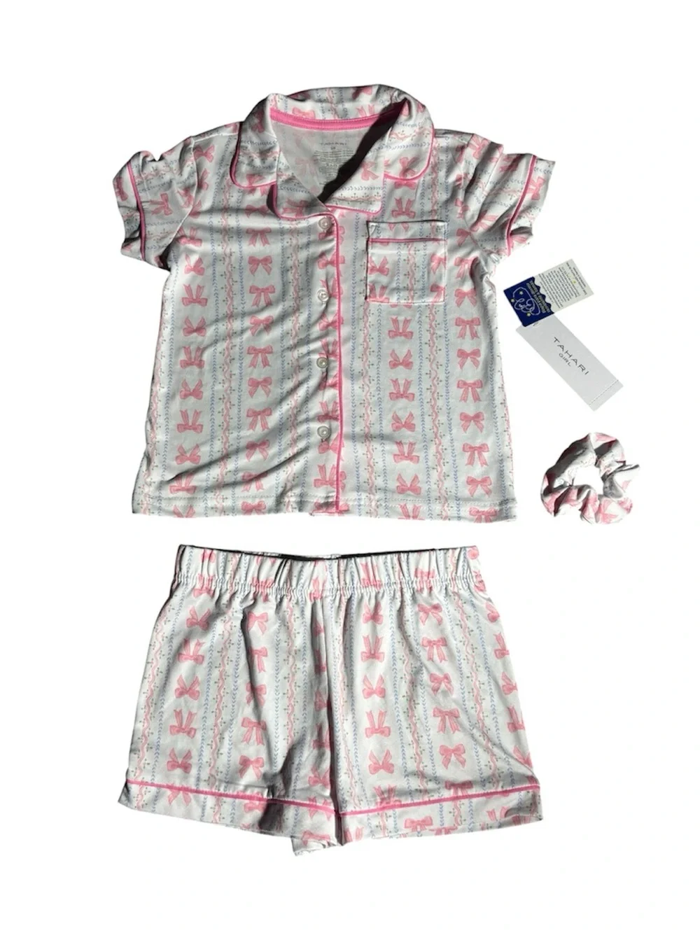 NWT Tahari White and Pink Bow-Print Short Pajama Set with Scrunchie